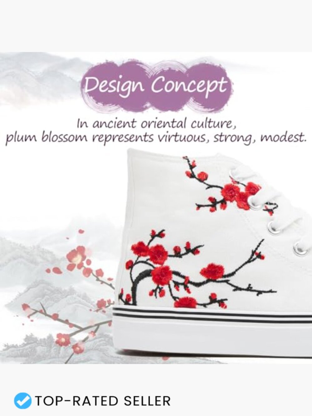 High Top Canvas Sneakers Embroidered Floral Lace Up Casual Walking Comfort Shoes - Picture 5 of 7